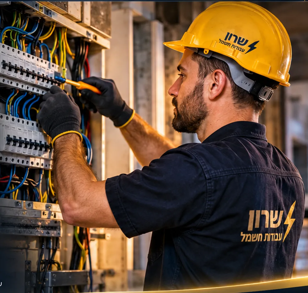 הדמיה שנוצרה ב-AI של חשמלאי עובד ליד לוח חשמל, אינה צילום של שרון